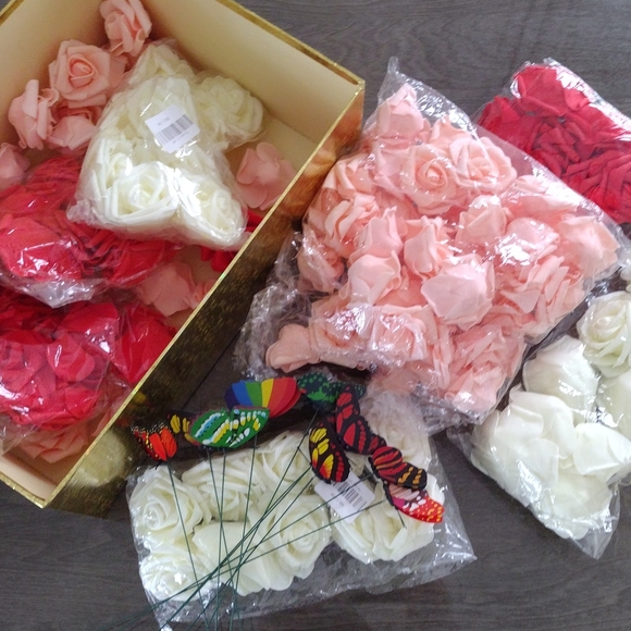 Other - Lot of Assorted Artificial Foam Rose Flower Heads and Butterflies Accents.
